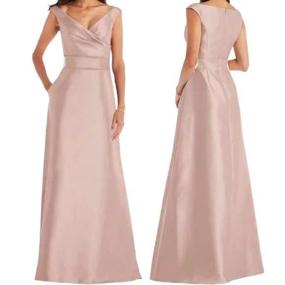 Alfred Sung Off the Shoulder Satin Maxi Dress in Toasted Sugar Pink Size 6 D811 - Picture 1 of 9